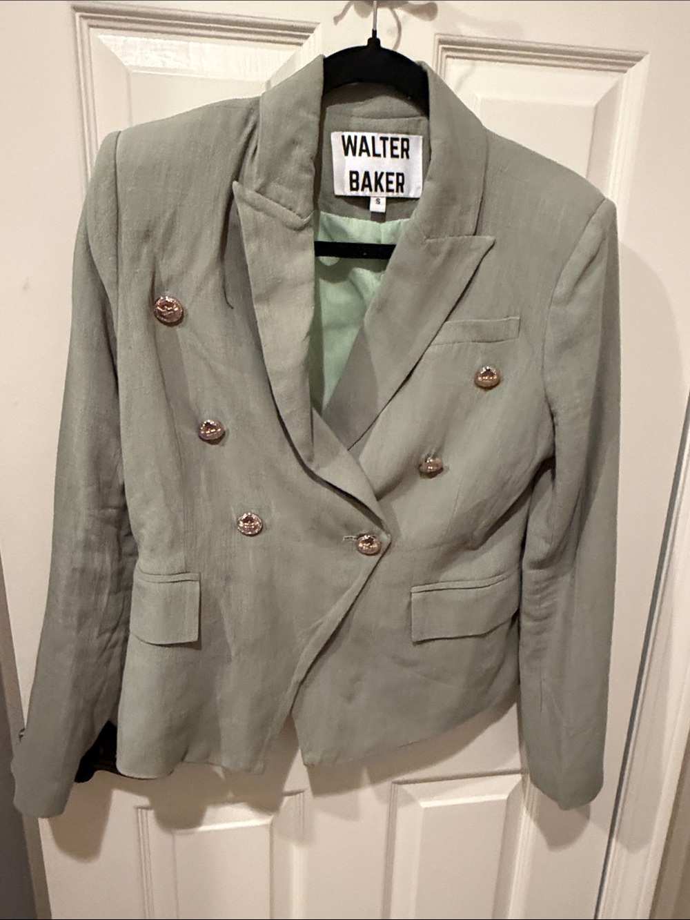 Walter Baker Double-Breasted Sage Green Blazer with Gold Buttons